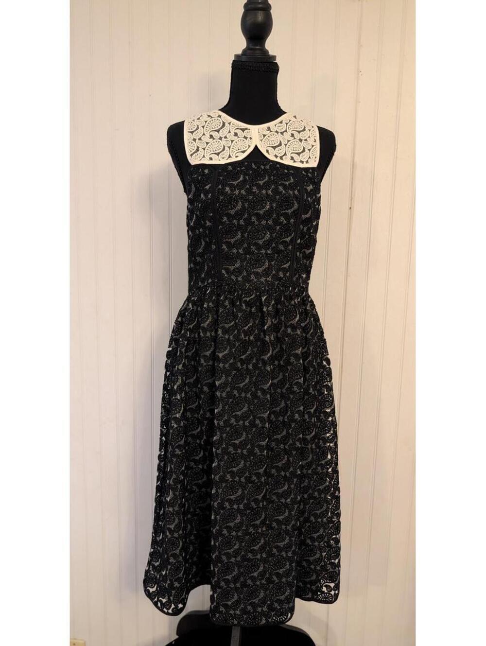 Yigal Azrouel Black Lace Midi Dress with White Embroidered Peter Pan Collar